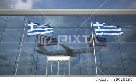 Flags of Greece in the airport and landing commercial plane. 3D rendering 89029130