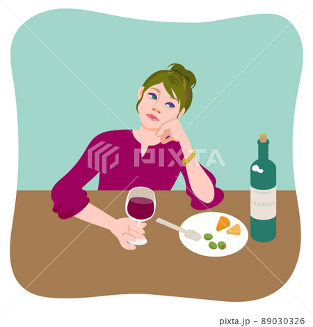 ワインを飲みながら考え事をする若い女性 ワインを飲みながら考え事をする若い女性 89030326