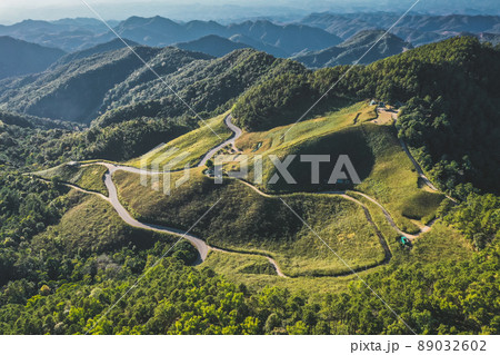 Aerial view of Thung Bua Tong Fields in Mae Hong Son, Thailand 89032602