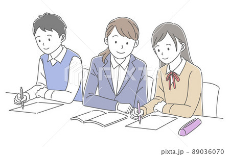 勉強をする男女の学生と勉強を教える女性教師 89036070