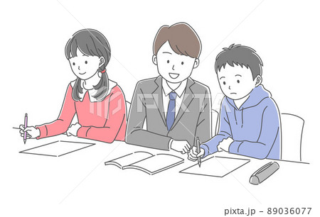 勉強をする男女の学生と勉強を教える男性教師 勉強をする男女の学生と勉強を教える男性教師 89036077