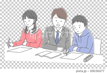 勉強をする男女の学生と勉強を教える男性教師 勉強をする男女の学生と勉強を教える男性教師 89036077