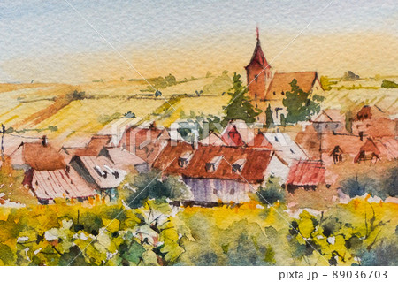 南フランスの小さな村 水彩画 風景画のイラスト素材 [89036703