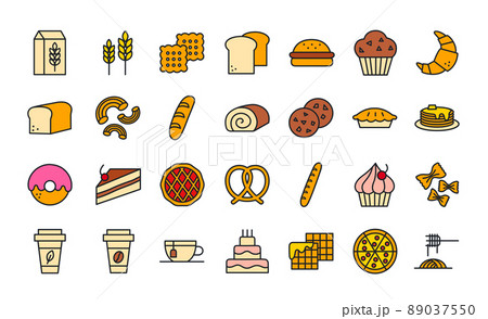 Bread, bakery products, pastry and confectionery icon set. Isolated line color icons 89037550