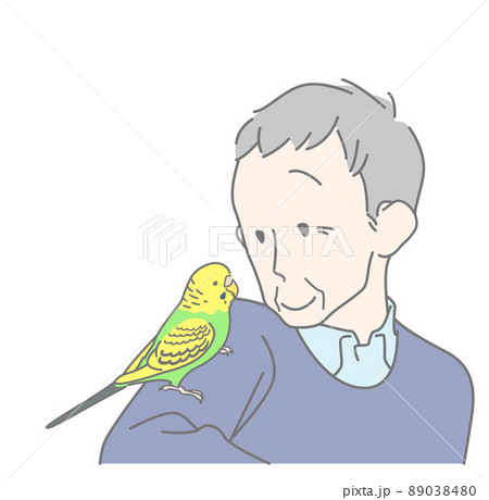 肩に乗ったセキセイインコとおしゃべりするおじいさん - シニア・ペット・バードセラピー 89038480