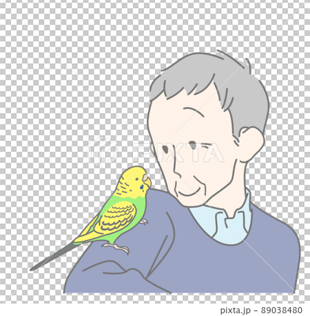 肩に乗ったセキセイインコとおしゃべりするおじいさん - シニア・ペット・バードセラピー 89038480