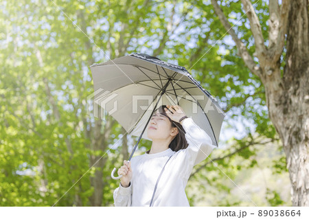 強い日差しの下で日傘をさす女性 89038664