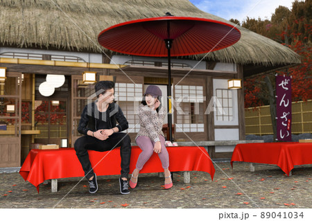 京都に観光の若い男女のカップルがお茶屋でぜんざいとお茶を注文し、野点傘の下に座り楽しく会話している 京都に観光の若い男女のカップルがお茶屋でぜんざいとお茶を注文し、野点傘の下に座り楽しく会話している 89041034