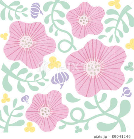 北欧風の花と葉のシームレスパターン ベクターイラスト 白地にパステルカラーの水彩画 のイラスト素材