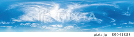 Blue sky with Cirrus clouds Seamless panorama in spherical equirectangular format. Complete zenith for use in 3D graphics, game and for composites in aerial drone 360 degree panoramas as a sky dome Blue sky with Cirrus clouds Seamless panorama in spherical equirectangular format. Complete zenith for use in 3D graphics, game and for composites in aerial drone 360 degree panoramas as a sky dome 89041883