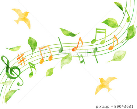 水彩風に加工した鳥と葉っぱと音符のナチュラルなイラスト 鳥がいるバージョンのイラスト素材