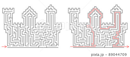 Brick castle labyrinth. Maze inside fortress with towers. Medium difficulty vector puzzle with entry 89044709