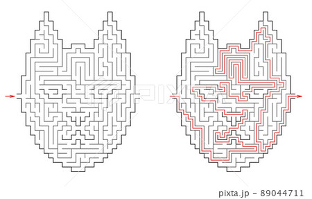Cat head maze. Difficult vector labyrinth with entry and exit. Riddle with solution - red passing 89044711