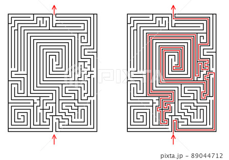 Vector rectangular labyrinth with entry and exit. Difficulty level - hard. Maze with solution - red 89044712