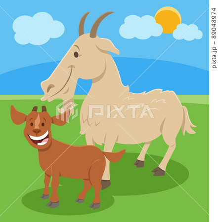 happy cartoon goat farm animal character with little kid happy cartoon goat farm animal character with little kid 89048974