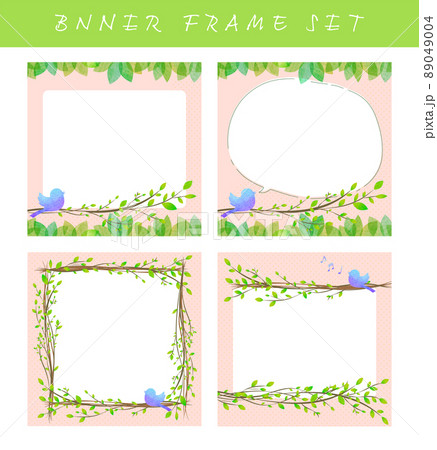 草木と鳥のかわいい正方形フレーム バナー 背景 テンプレート ピンクのイラスト素材