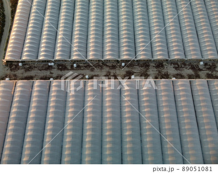 Aerial drone view of huge areas greenhouse for growing vegetables. Greenhouse farming, agriculture industry. Flying over large industrial greenhouses at sunset. 89051081