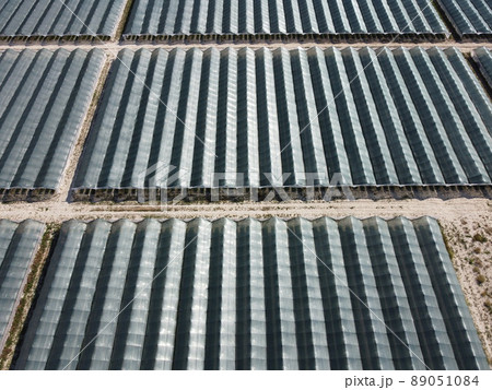 Aerial drone view of huge areas greenhouse for growing strawberries. Greenhouse farming, agriculture industry. Flying over large industrial greenhouses at sunny day. 89051084
