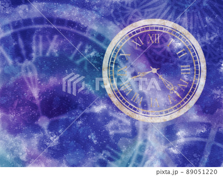 アンティーク時計 背景群青 アナログ水彩風のイラスト素材 0512