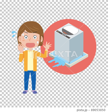 洗濯機からの水漏れに驚く女性 89053850