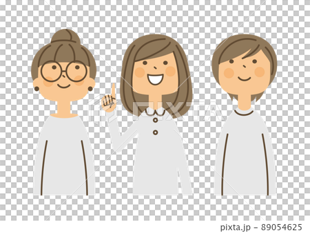 3 women smile upwards white shirt 89054625