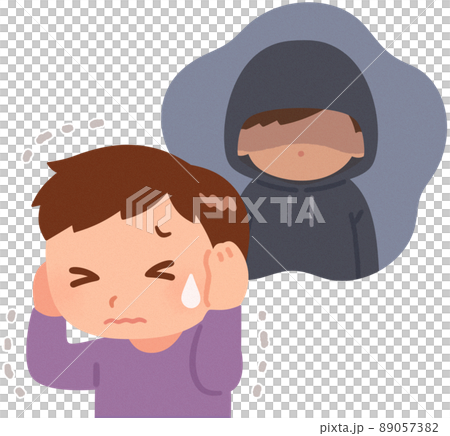 A woman frightened by a person wearing a hood A woman frightened by a person wearing a hood 89057382