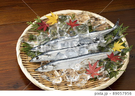 ざるの上に紅葉と氷を添えて並べた秋の味覚さんま 89057956