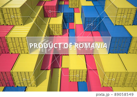 Cargo containers with products of Romania. Logistics related 3D rendering Cargo containers with products of Romania. Logistics related 3D rendering 89058549