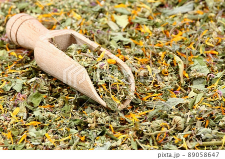 Medicinal dried herbs in a spoon on the heap of various herbs. Medicinal dried herbs in a spoon on the heap of various herbs. 89058647