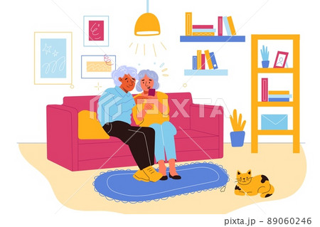 Senior people gadgets in room. Happy elderly couple on sofa in living room, pensioners mastering new device, grandparents hold smartphone, online communication vector cartoon flat concept 89060246