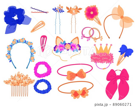 Hair accessories. Different girly style elements. Headbands, tiaras, elastic bands and hair pins, decorative flowers, silk ribbons and bows, girls beauty objects, vector isolated set Hair accessories. Different girly style elements. Headbands, tiaras, elastic bands and hair pins, decorative flowers, silk ribbons and bows, girls beauty objects, vector isolated set 89060271