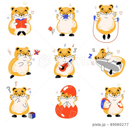Cute fluffy hamster. Funny little rodent, cartoon happy kids character, different poses, actions and emotions, comic mascot, pet read book, play guitar and walking vector cartoon set 89060277
