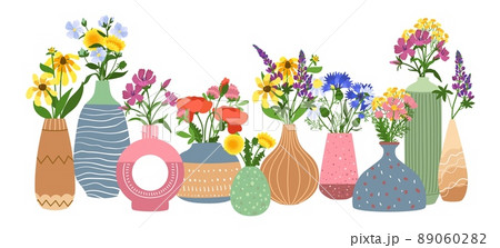 Ceramic vases with flowers. Interior floral pottery with gardens bouquets, different contemporary shapes, handmade porcelain bottles with plants, modern cozy decor, vector horizontal concept 89060282