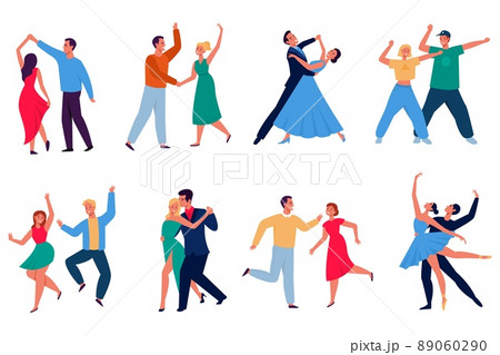 Cartoon dancing couples. Different dancers performing, happy persons in stage outfits, funny cartoon characters, men and women, waltz and tango, modern choreography and ballet vector set 89060290