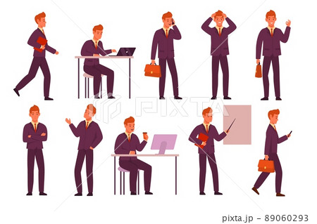 Cartoon businessman poses. Young office male character in strict clothes, different actions and emotions, working environment, man standing walking and sitting, hold phone and book vector set Cartoon businessman poses. Young office male character in strict clothes, different actions and emotions, working environment, man standing walking and sitting, hold phone and book vector set 89060293