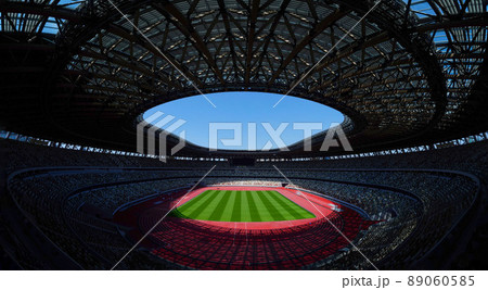 巨大スタジアム 観客席のある屋内型の陸上競技場 天井のあるサッカースタジアム の写真素材