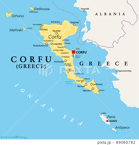 Corfu, island of Greece, political map. Also known as Kerkyra, a Greek island in the Ionian Sea and part of the Ionian Islands. With Othonoi, Ereikoussa and Mathraki it forms the Corfu Regional Unit. 89060782