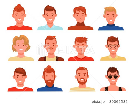 Men hairstyles avatars. Different styles male portraits, blondes, brunettes and brown haired characters, long and short hair, mustache and beard, various haircut vector cartoon flat set Men hairstyles avatars. Different styles male portraits, blondes, brunettes and brown haired characters, long and short hair, mustache and beard, various haircut vector cartoon flat set 89062582