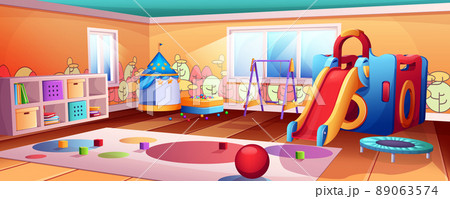 Cartoon kids playroom interior with slide, swing and trampoline Cartoon kids playroom interior with slide, swing and trampoline 89063574