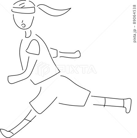 ランニングをしている半袖の女性のモノクロ線画イラスト 89064538