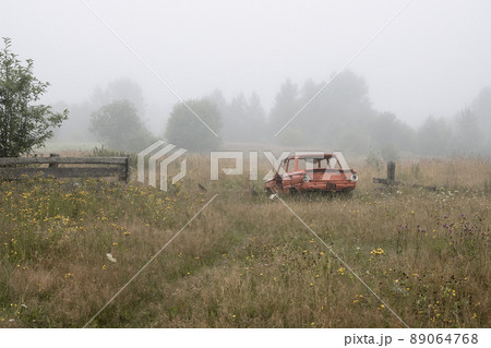 Old broken car in a meadow among the grass 89064768
