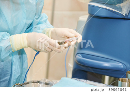 Ophthalmology laser microscope operation. Doctor surgery in clinic 89065041