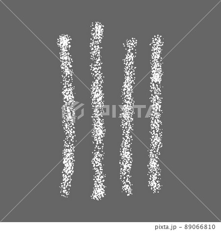 Chalk drawn tally mark symbolized number 4 on gray background. Four white hand drawn sticks, cunting stripes on chalkboard. Unary numeral system sign 89066810