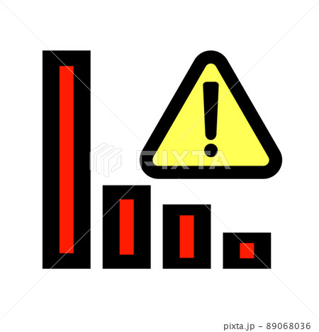 減少する赤い棒グラフと注意・警告のエクスクラメーション。ベクター。 89068036