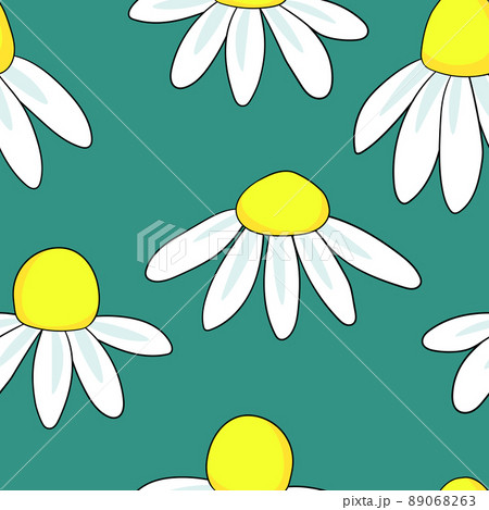 Seamless floral pattern based on traditional folk art ornaments. Colorful chamomile, daisy flowers on color background. Scandinavian style. Vector illustration. Simple minimalistic pattern 89068263