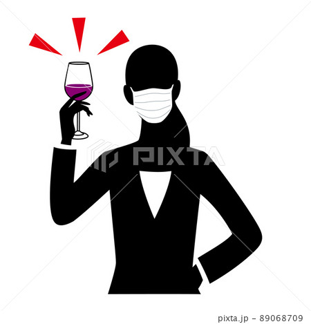 ワイングラスを持つマスク着用した女性のシルエットイラストのイラスト素材