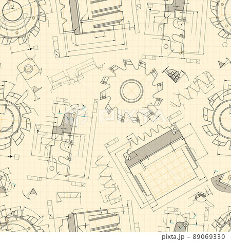 Mechanical engineering drawings on light background. Cutting tools, milling cutter. Technical Design. Cover. Blueprint. Seamless pattern. Vector illustration. 89069330