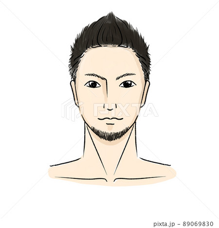 手描きのアジア人風で短髪のイケメン男性の髭のデザイン脱毛の顔のイラスト 89069830