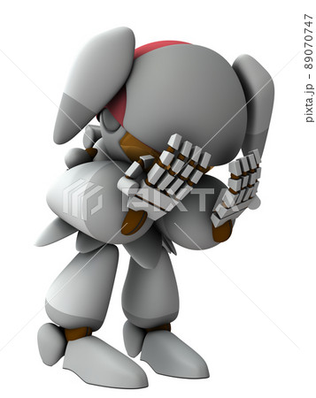 失敗と後悔 顔を覆い俯く女性型ロボット 曲面で構成されたキュートな白いロボット のイラスト素材