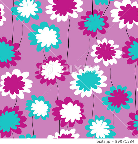 Seamless floral pattern based on traditional folk art ornaments. Colorful flowers on color background. Scandinavian style. Sweden nordic style. Vector illustration. Simple minimalistic pattern 89071534
